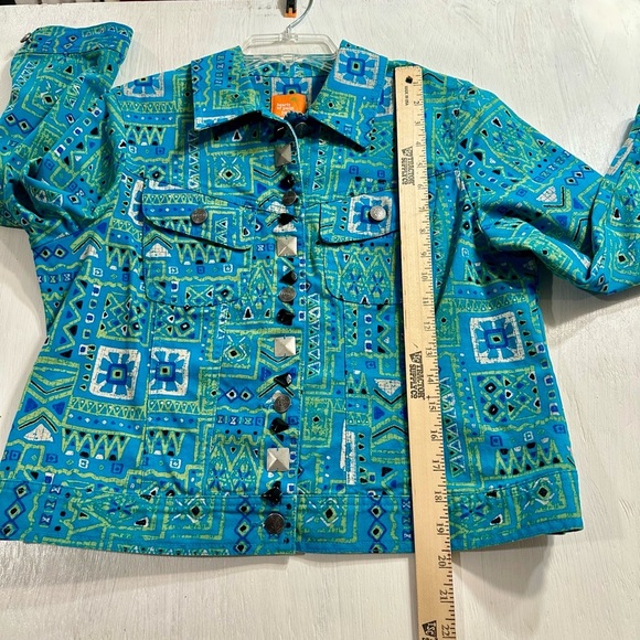 Hearts of Palm Petite 10P Turquoise Aztec Print Studded Cotton Stretch Jacket - Picture 6 of 9